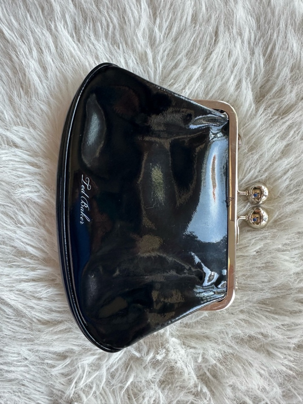 Ted Baker Black Patent Kiss-Lock Wristlet Clutch with Gold Frame - Picture 11 of 16